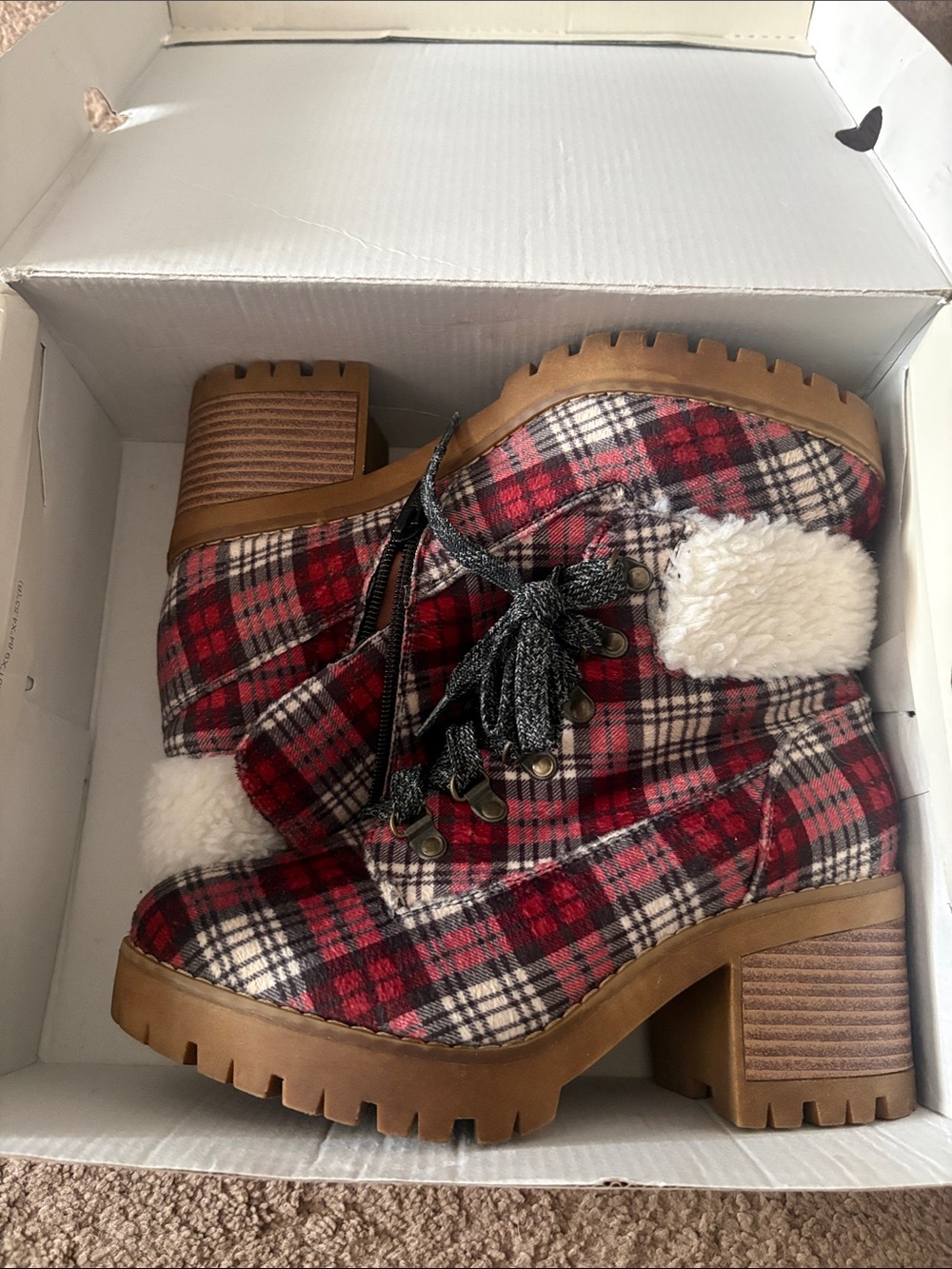 Plaid Sherpa-Lined Women's Block Heel Boot - Red